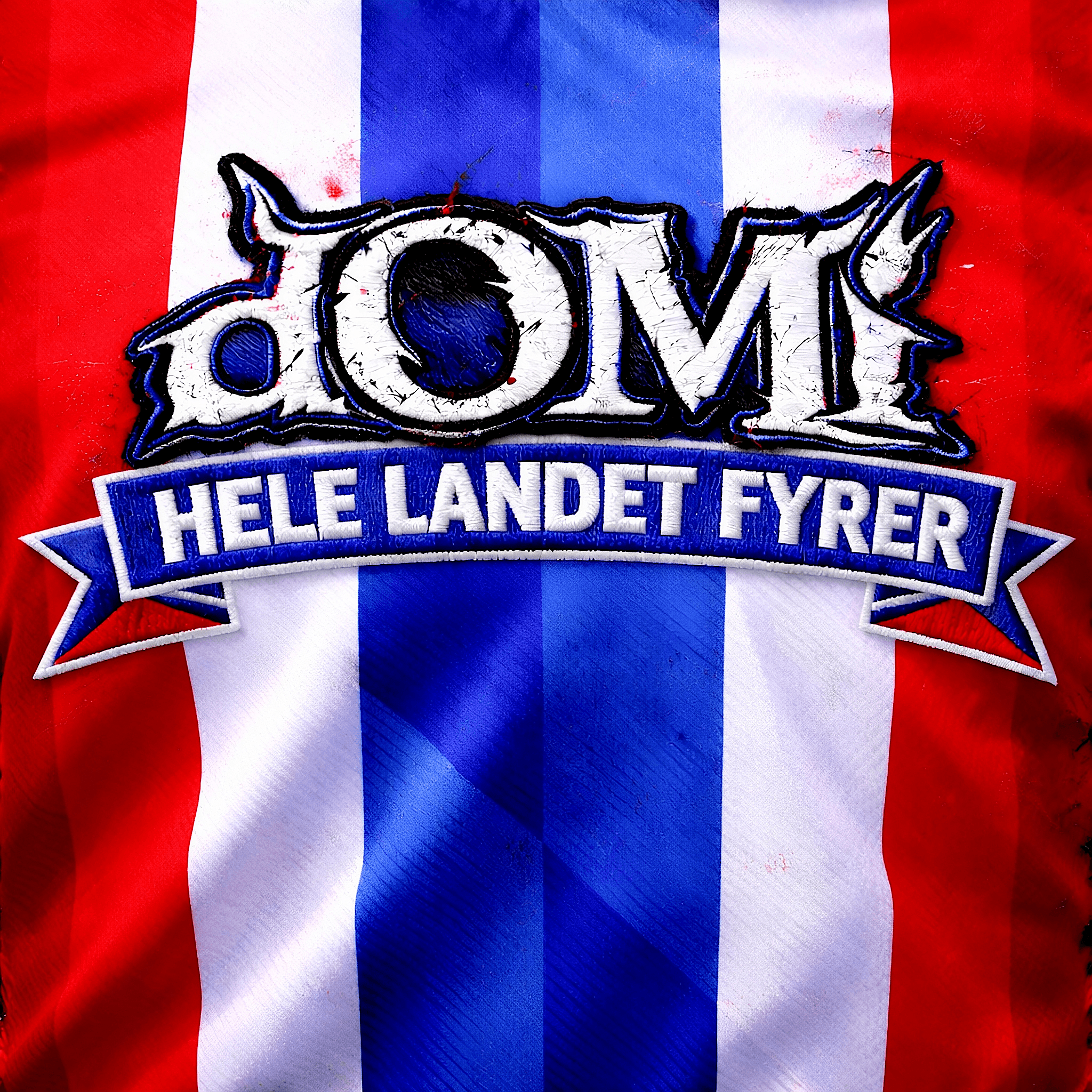 Hele landet fyrer single artwork: DOMI crest on a red, white, and blue striped jersey.