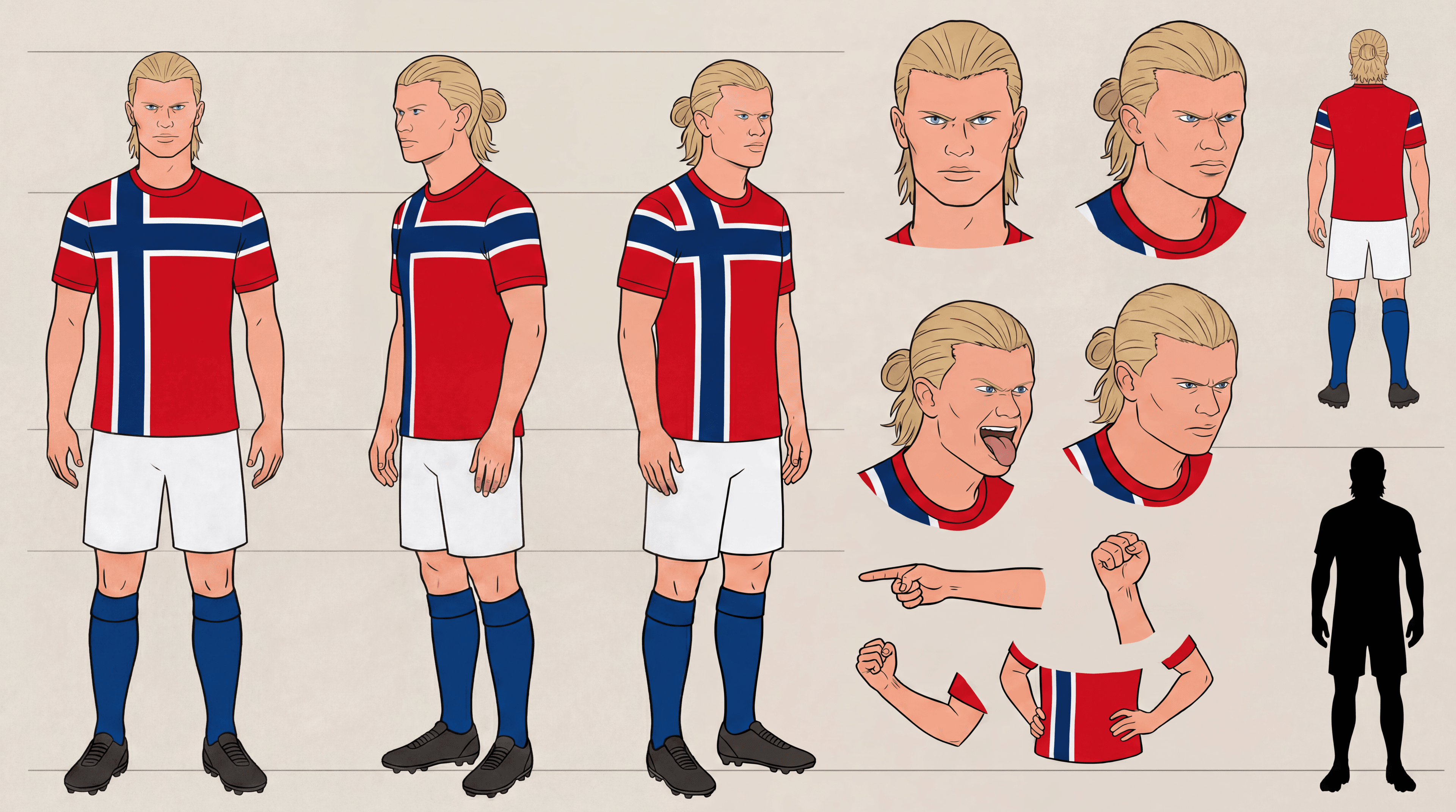 Character reference sheet for Haaland — turnaround, expressions, action poses, silhouette