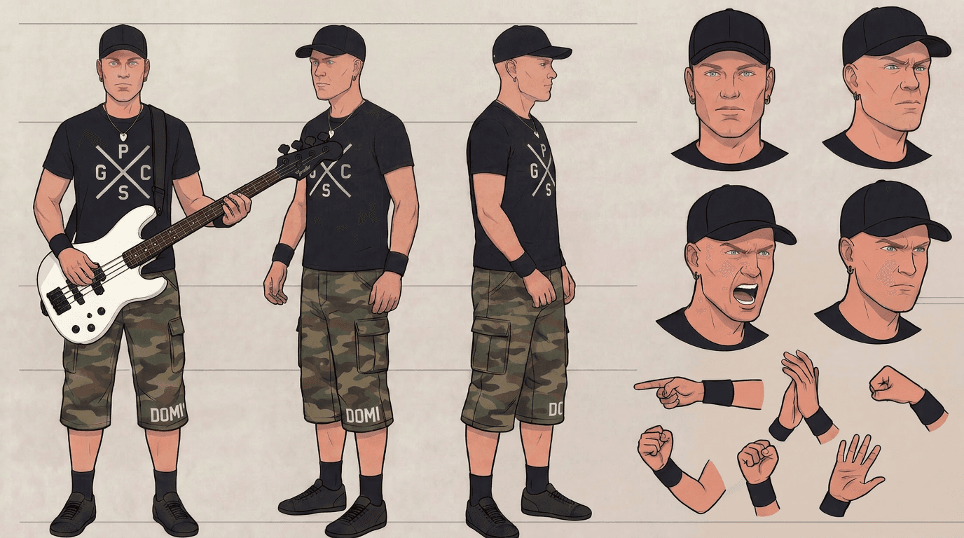 Character reference sheet for Rob (bass, DOMI)
